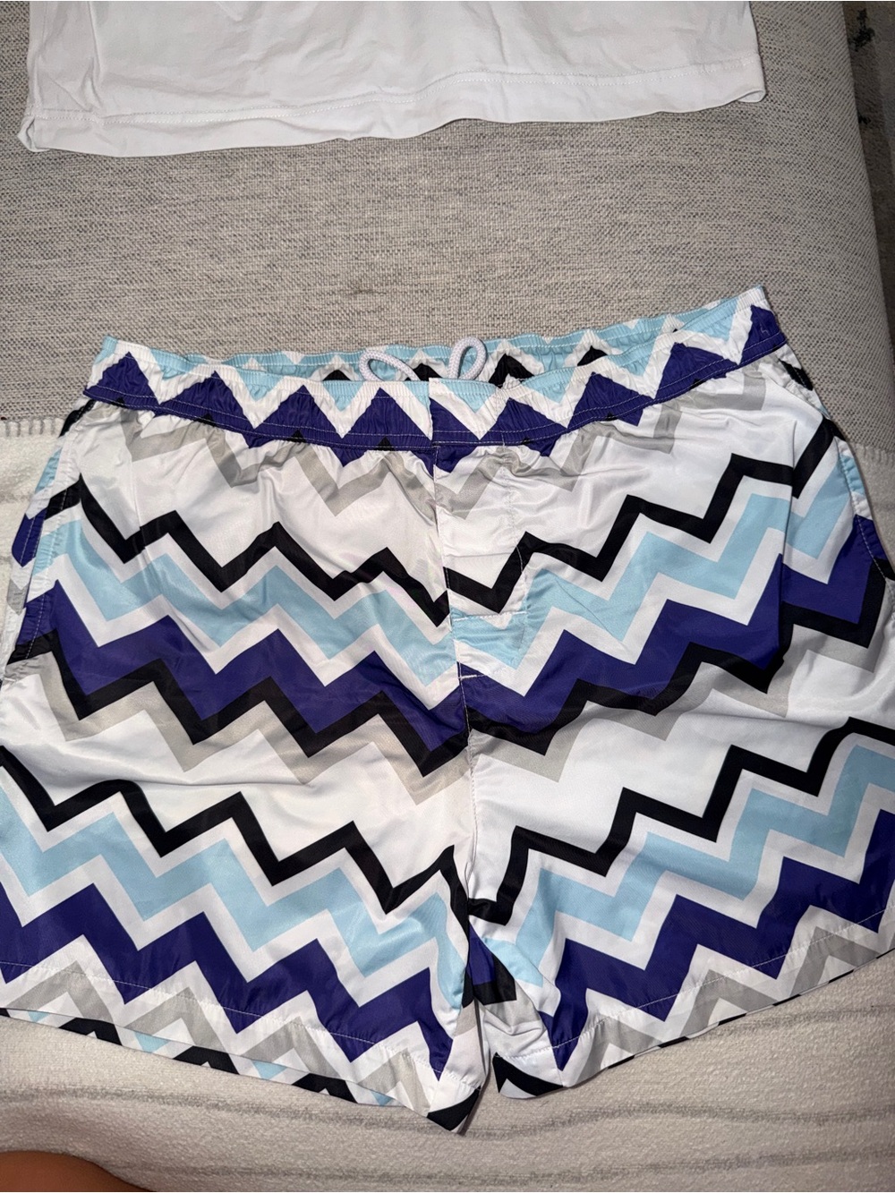 Missoni Men’s Chevron Swim Trunks in White, Navy, Light Blue, Gray